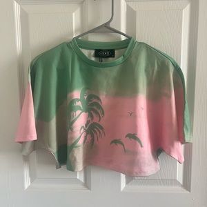 Pink and green tie dye palm tree Cider crop top